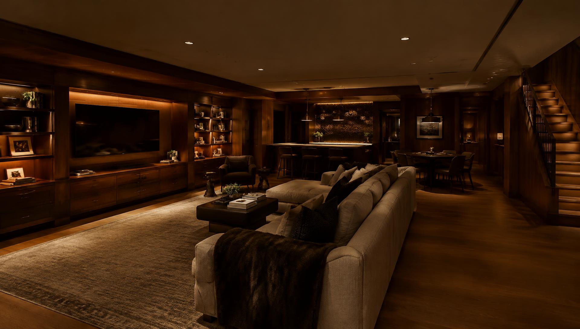 Finished luxury basement rec room by Uloma Builds